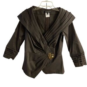 Tadashi Shoji Brown Pleated Wrap-Front Blouse with Embellished Accent Sz 12